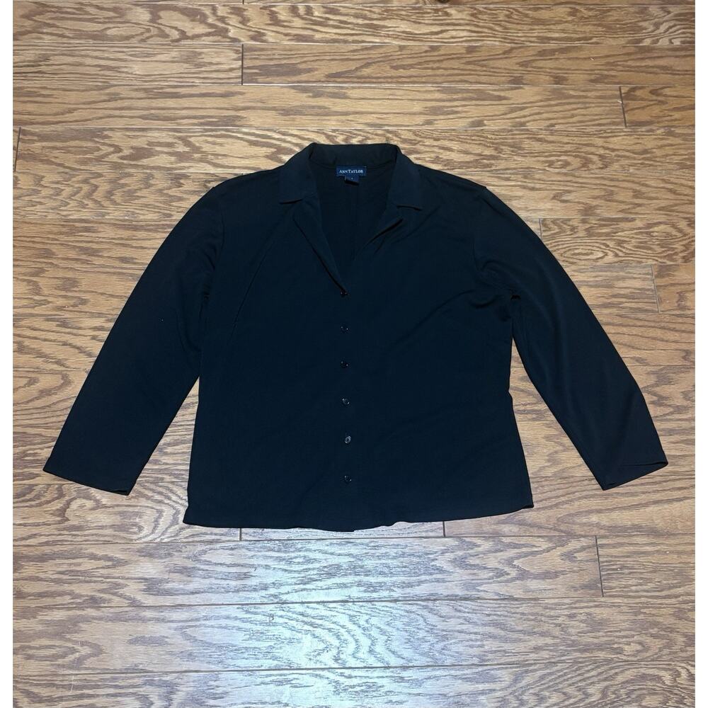 Ann Taylor Women's Black Long Sleeve Button Up Satin Collared Shirt Top, Size L